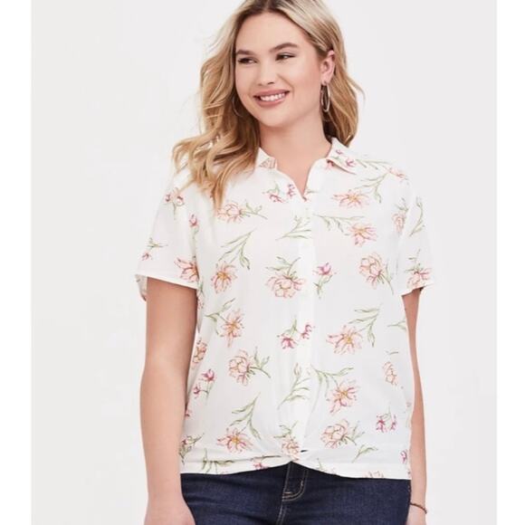 Torrid Ivory Summer Floral Twist-Front Crepe Short Sleeve Shirt - Picture 2 of 10